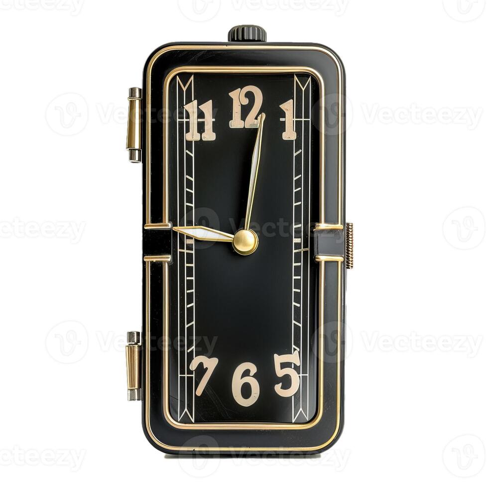 Elegant black and gold clock showing seven o'clock on white background photo