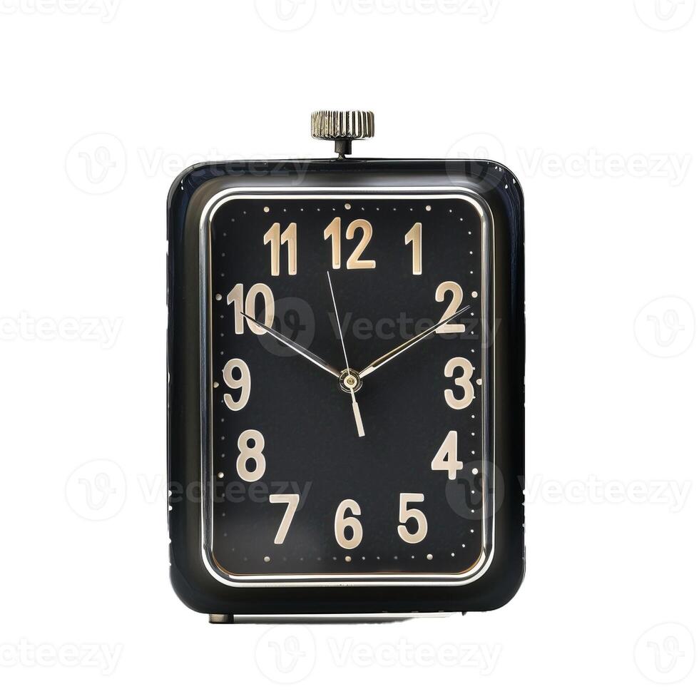 Vintage rectangular alarm clock telling time on white background photo