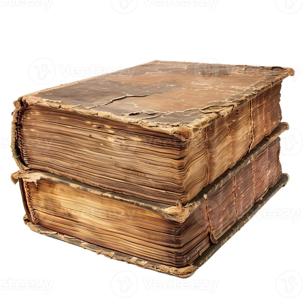 Two old books with cracked spines resting on white background photo