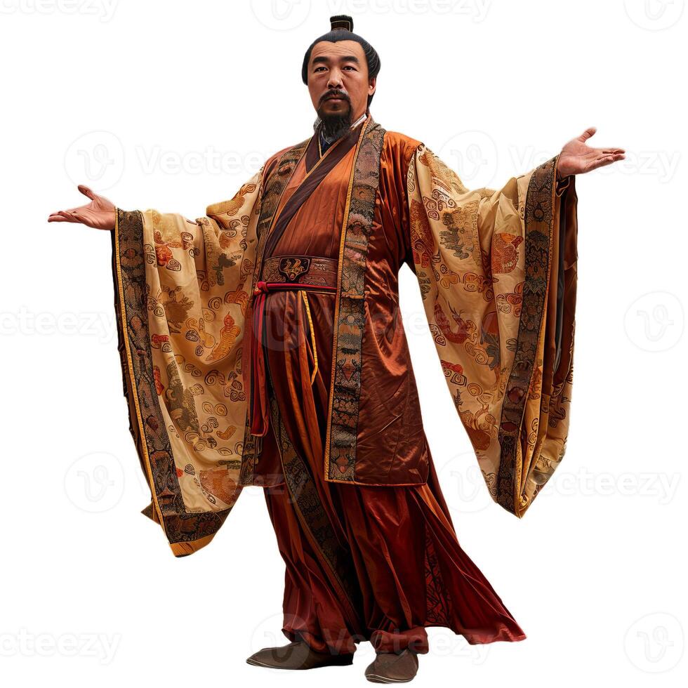Asian emperor wearing traditional clothes is gesturing with open arms photo