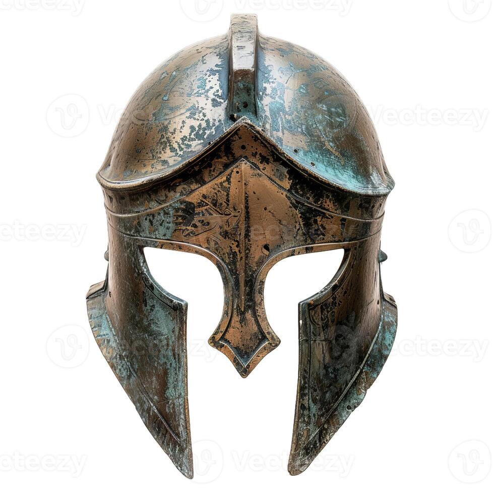 Ancient bronze corinthian helmet standing up isolated on white photo