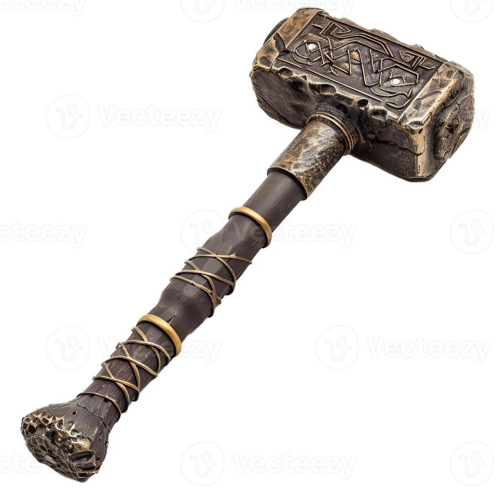 Ancient nordic hammer with runes on white background photo