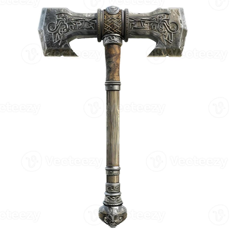 Intricately carved antique hammer on transparent background photo