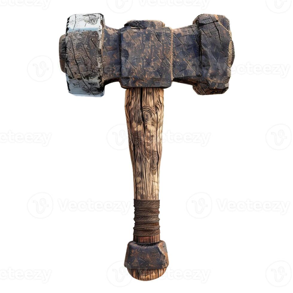 Handcrafted wooden war hammer isolated on transparent background photo