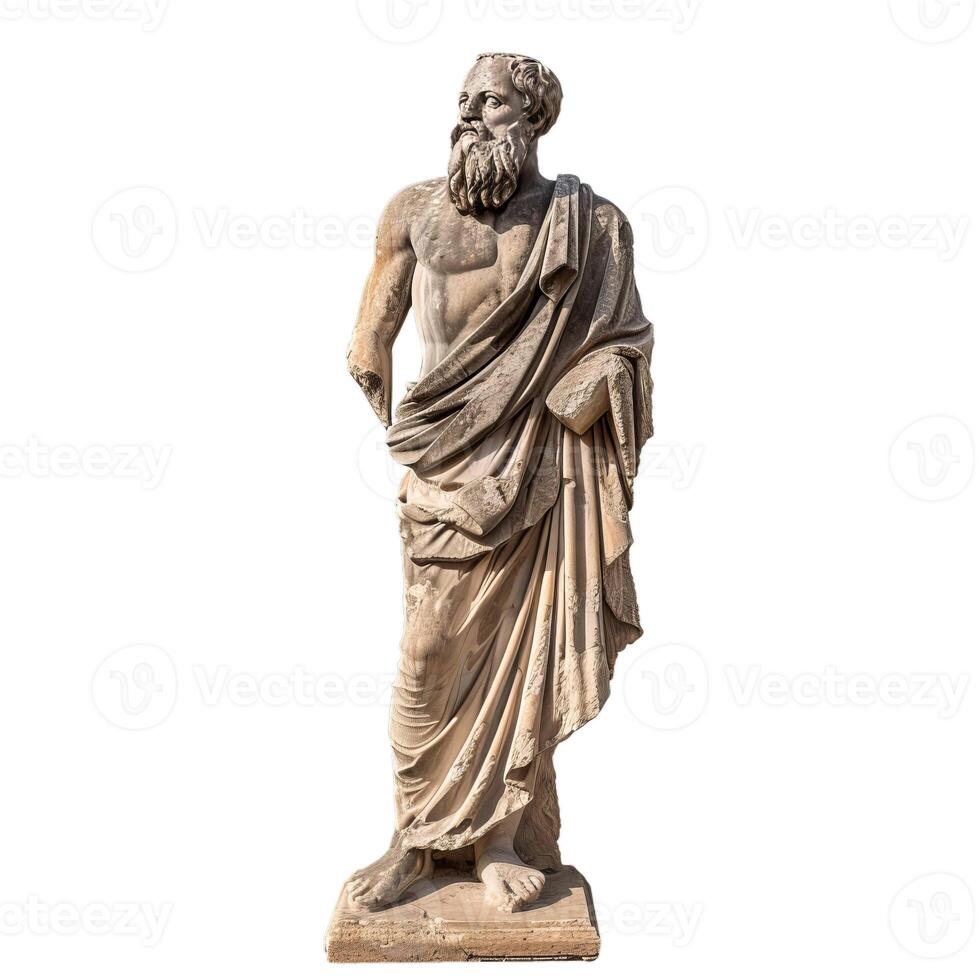 Ancient greek philosopher statue wearing a toga and holding a scroll photo