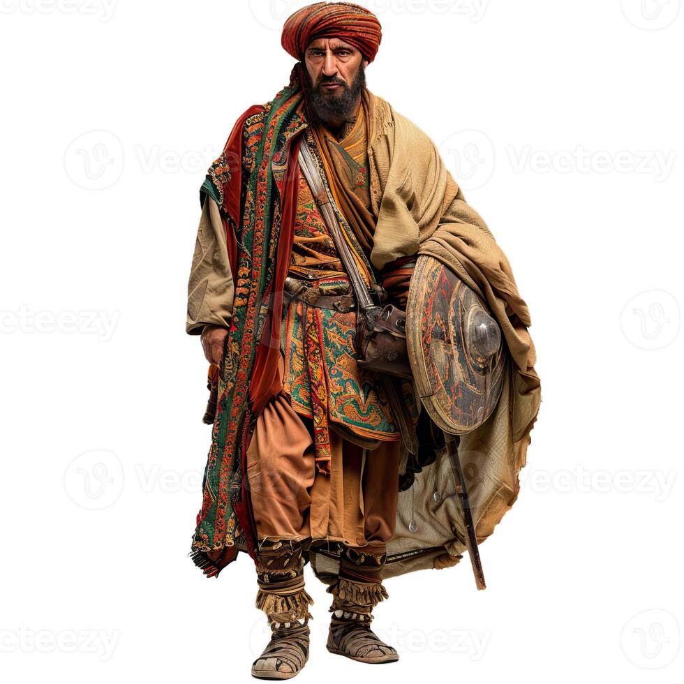 Medieval warrior king posing with shield and sword on white background photo