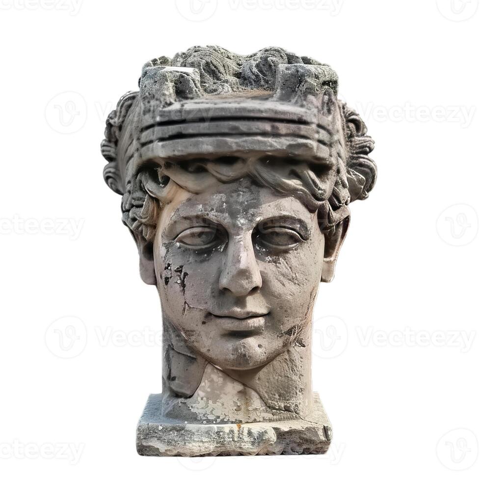 Ancient stone head sculpture showing the passing of time photo