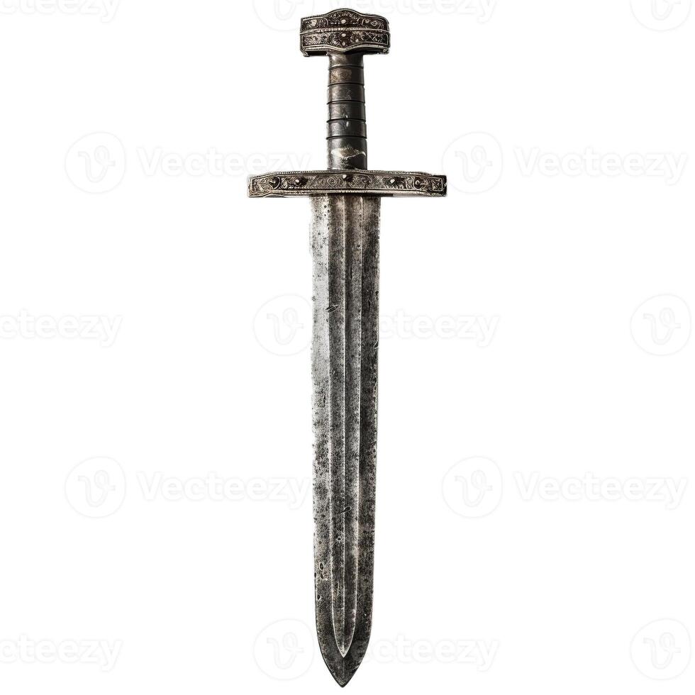 Ancient viking sword standing up against white background photo