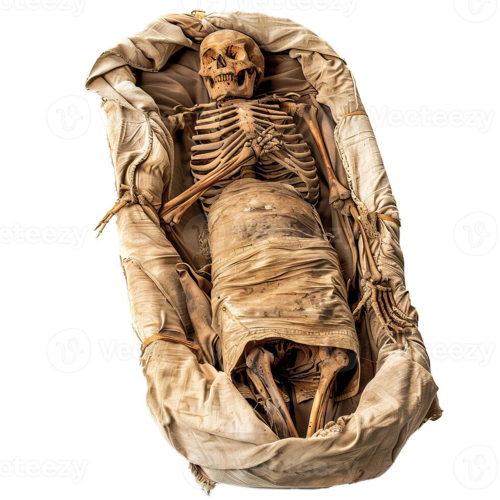 Ancient mummy skeleton isolated on transparent background photo