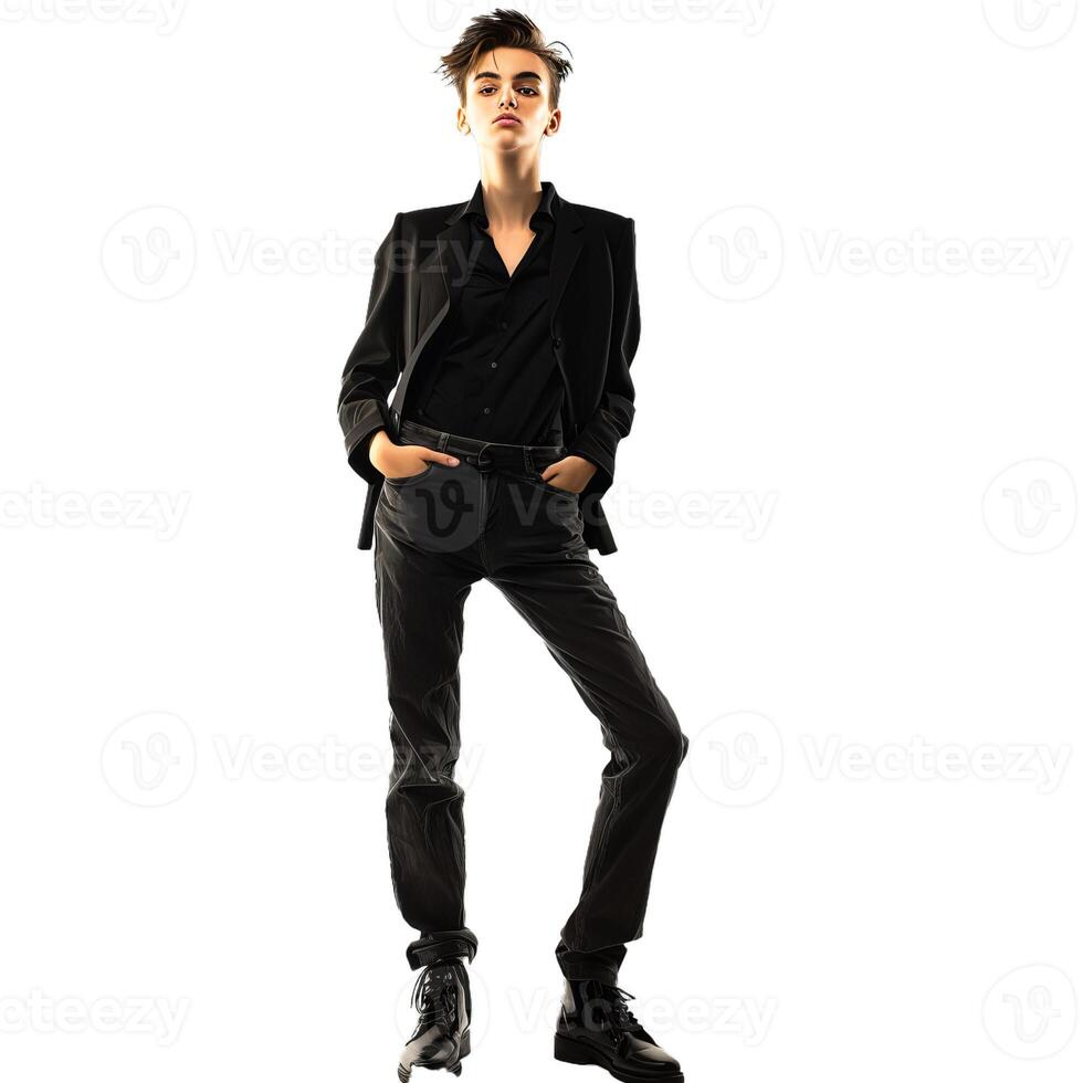 Young androgynous person posing with hands in pockets photo