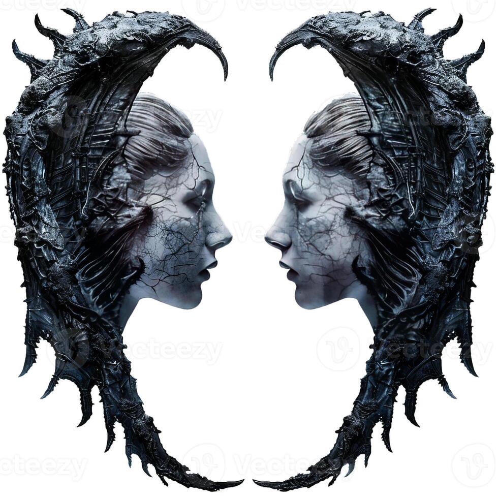 Two female models posing with dark fantasy horns makeup and body art photo
