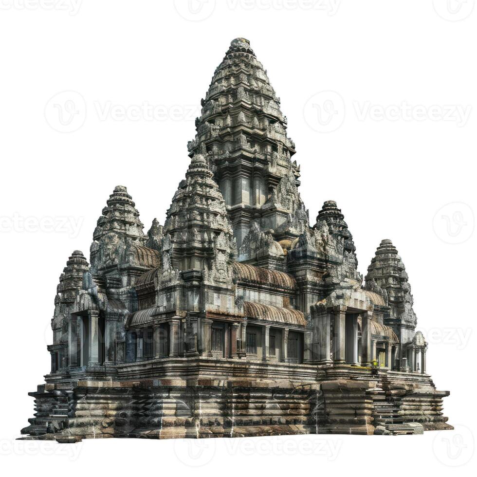 Ancient angkor wat temple showing detailed stone carvings on a white background photo