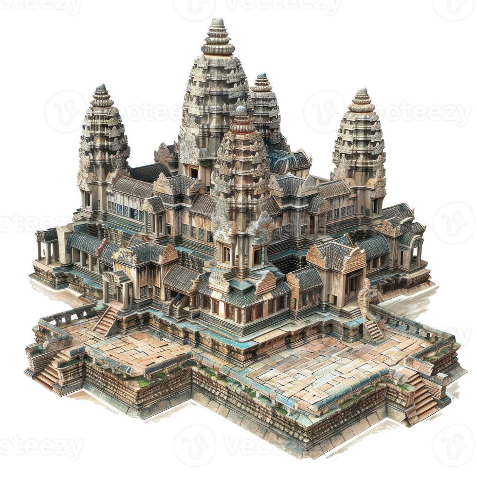Angkor wat temple complex showing detailed stone carvings on a white background photo