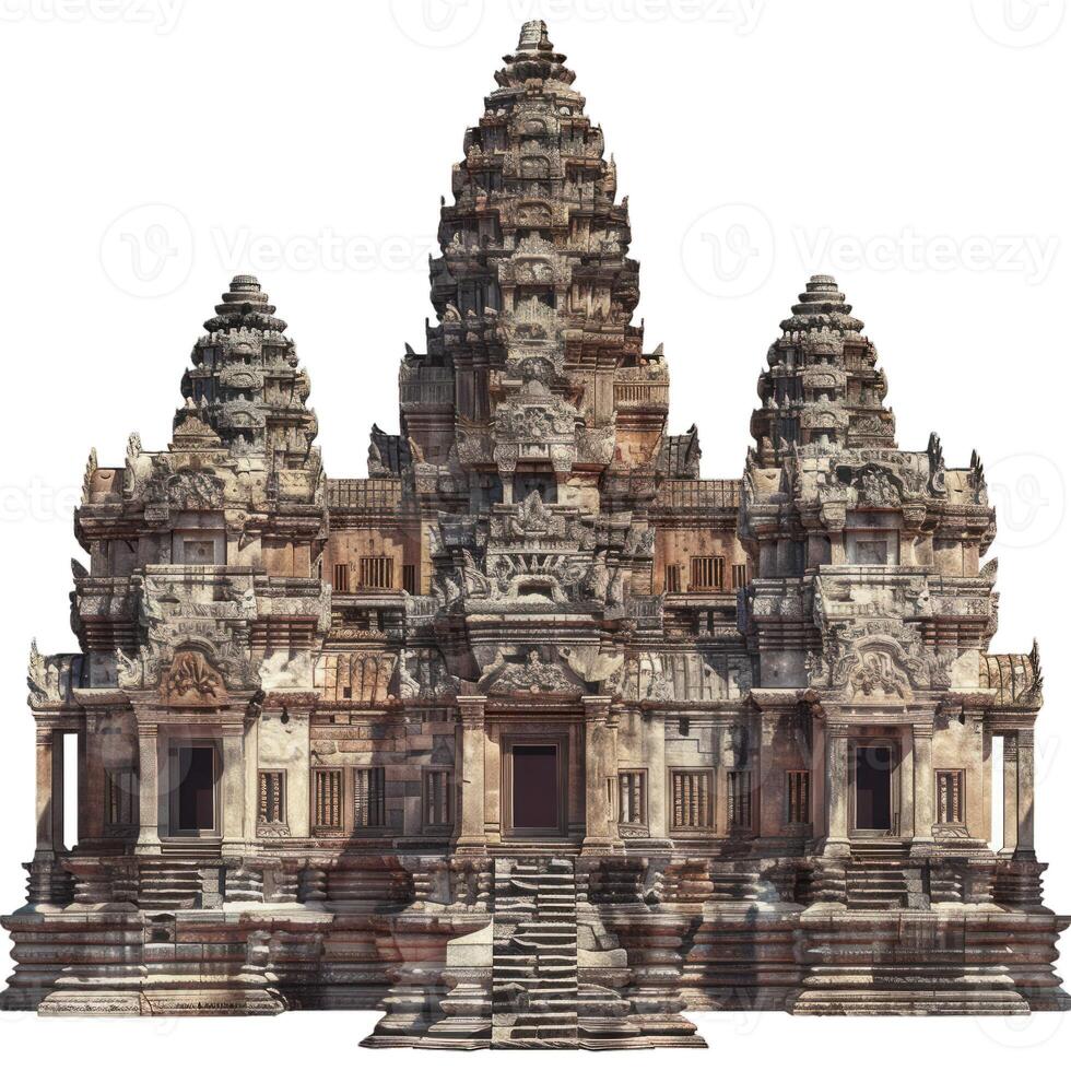 Angkor wat temple showing detailed stone carvings on facade on white background photo