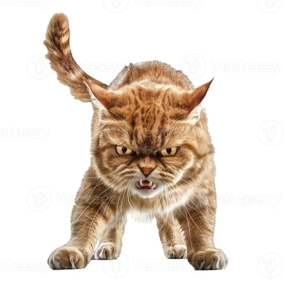 Angry ginger cat showing teeth and hissing on white background photo