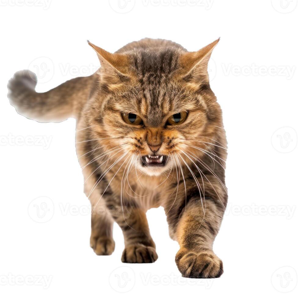 Aggressive cat walking and showing teeth on white background photo