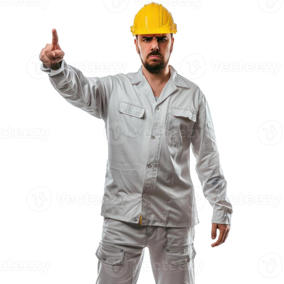 Construction worker wearing hard hat pointing up with index finger photo
