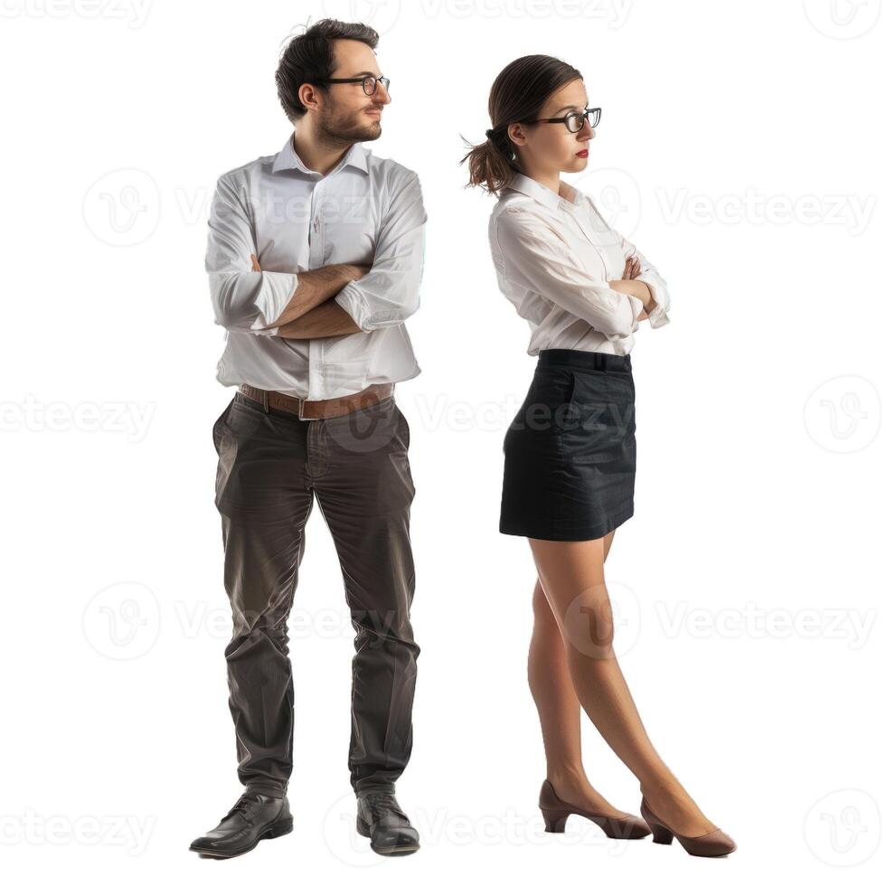 Colleagues standing back to back with arms crossed photo