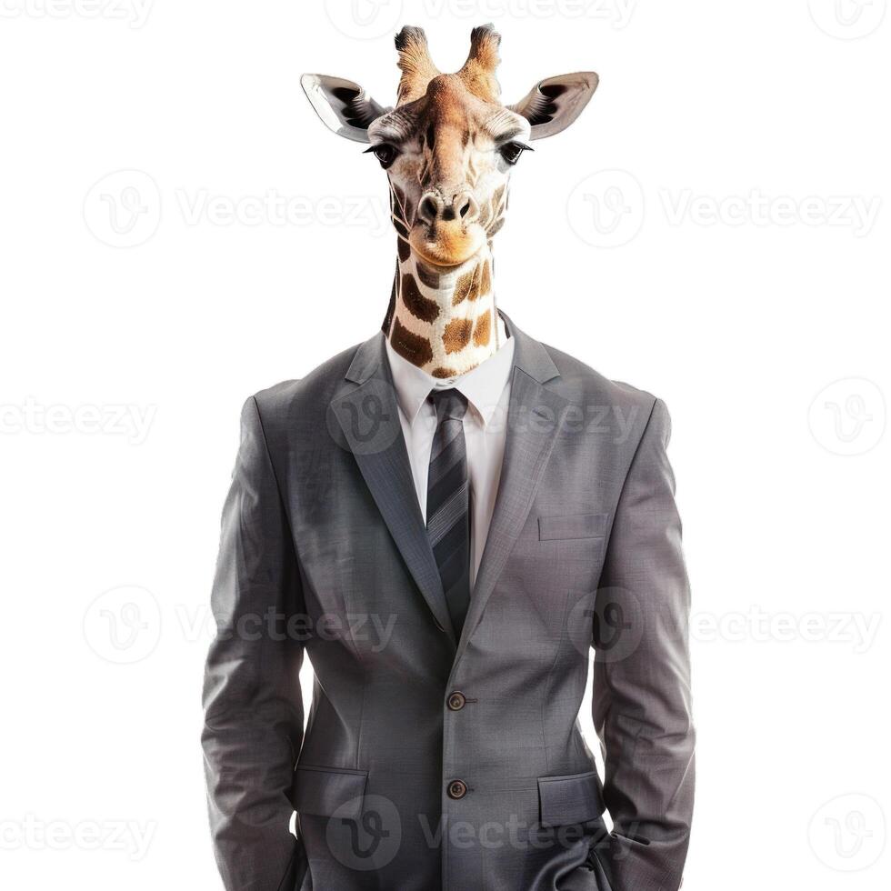 Creative composite image of a giraffe head on a businessman's body against a transparent background photo