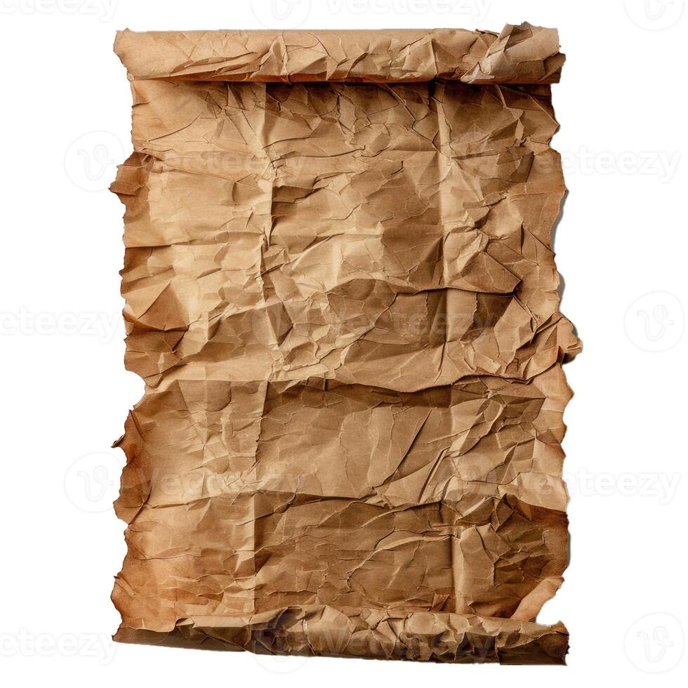 Vintage crumpled brown paper scroll on transparent background photo