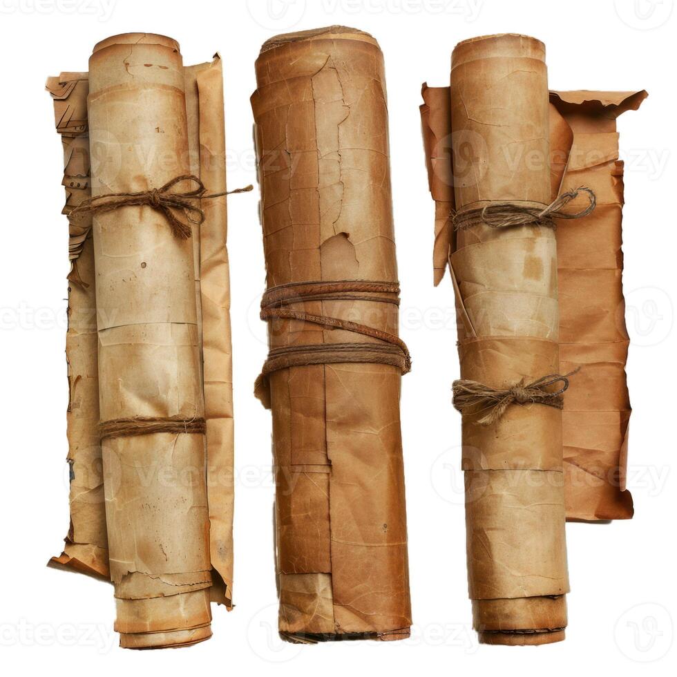 Three old paper scrolls tied with rope isolated on white background photo