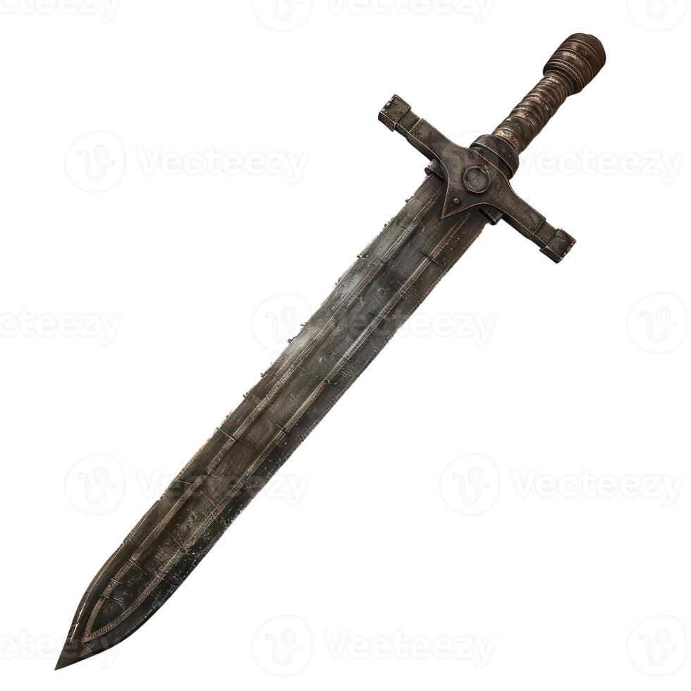 Ancient metallic sword pointing up isolated on white background photo