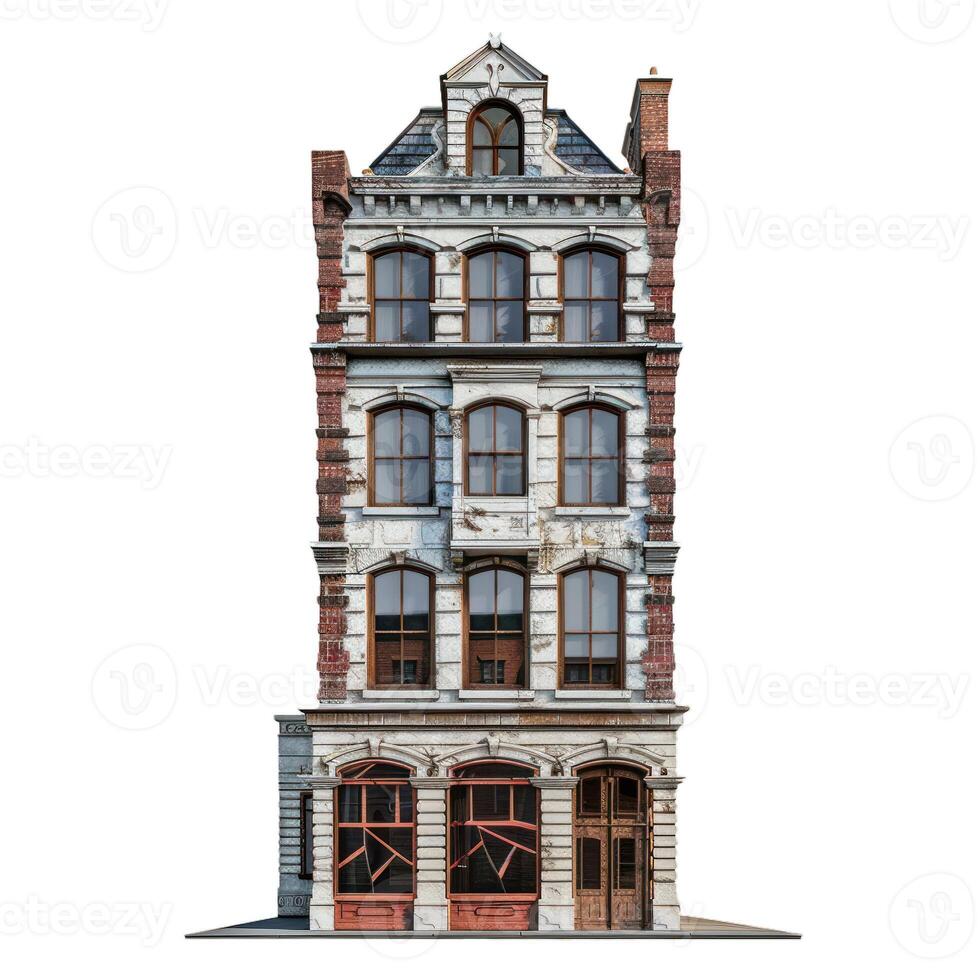 Old abandoned brick building with boarded windows is falling apart photo