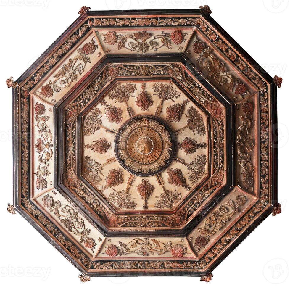 Ornate hexagonal ceiling design with decorative elements photo