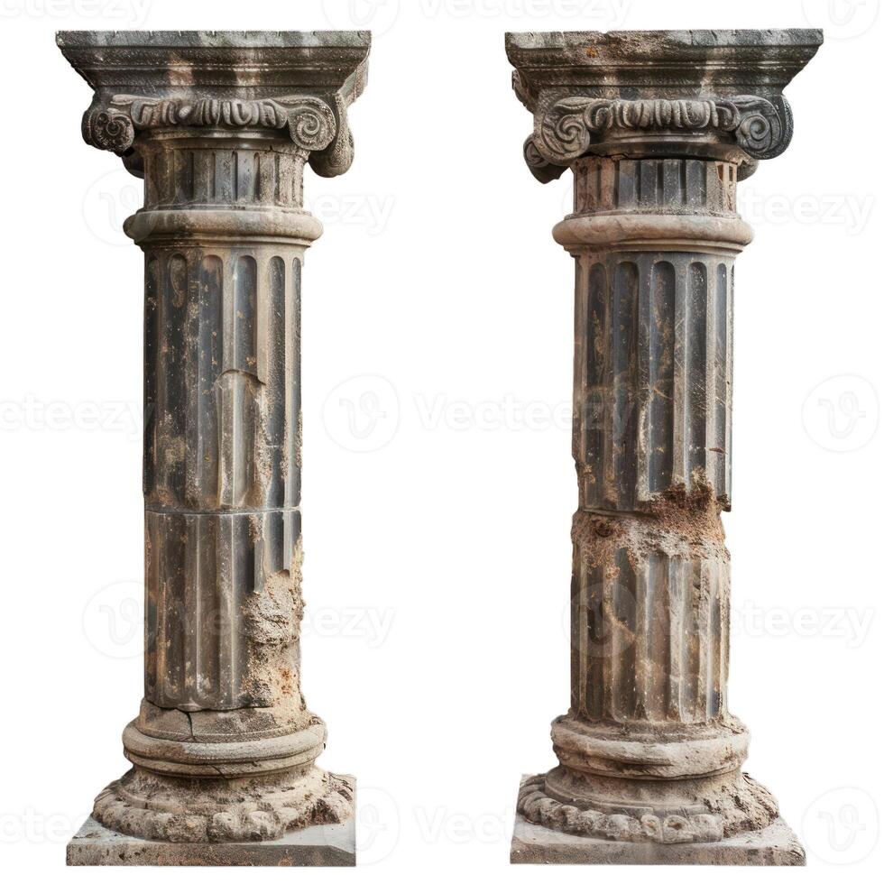 Two antique corinthian columns showing signs of aging and weathering photo