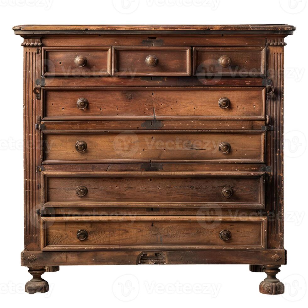 Antique wooden chest of drawers standing on white background photo