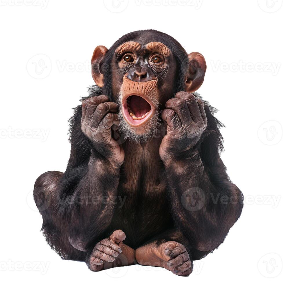 Baby chimpanzee sitting and yelling with mouth open on white background photo