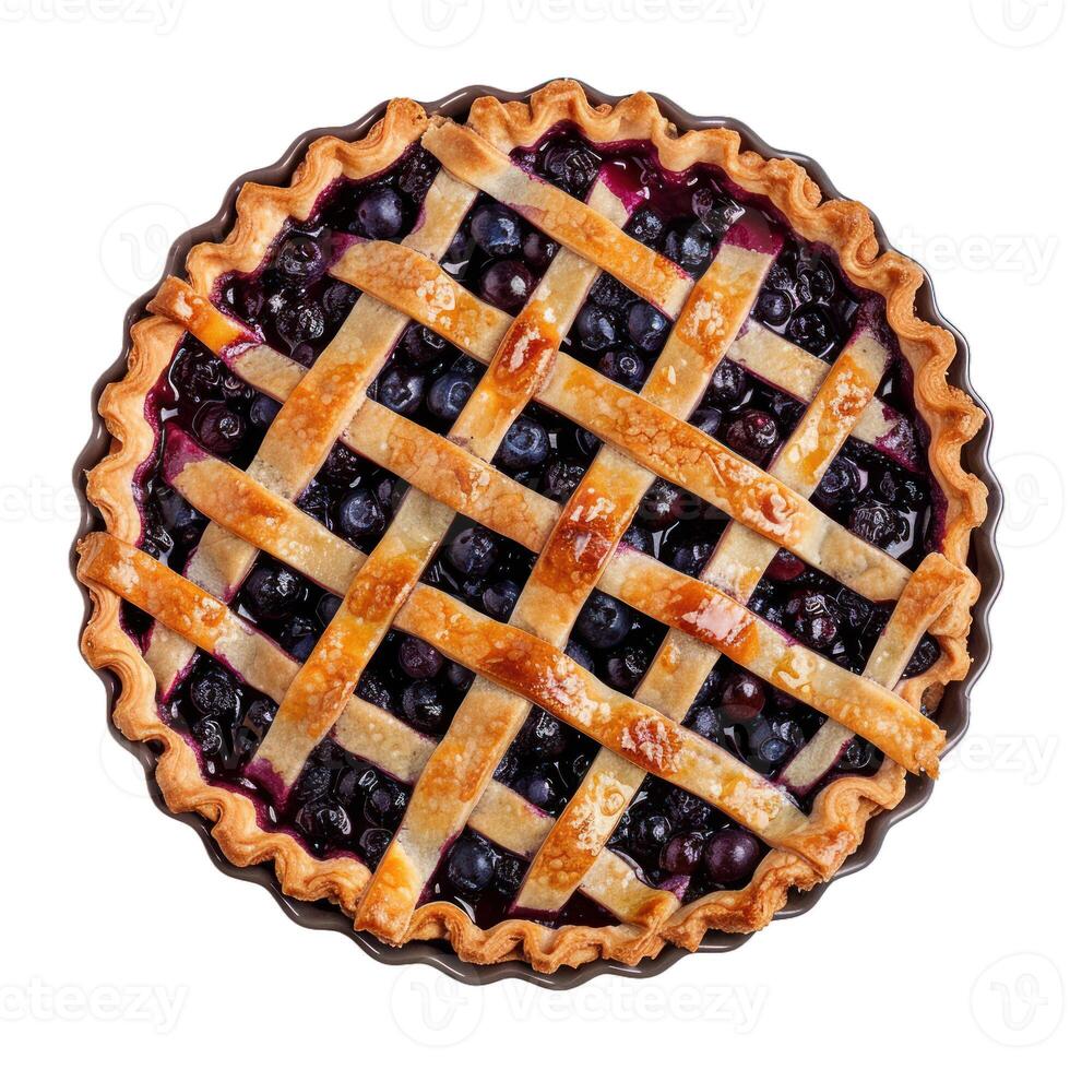 Delicious blueberry pie with golden brown crust lattice topping isolated on white background photo