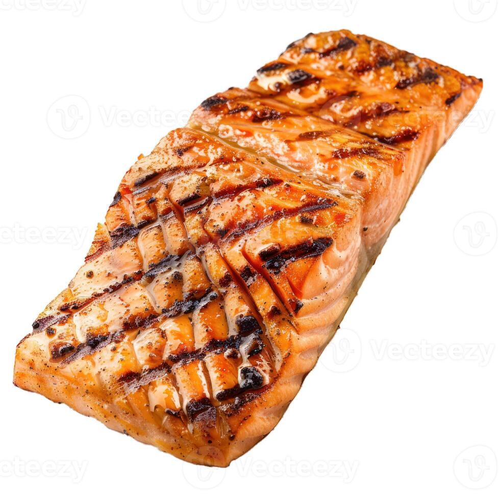 Delicious grilled salmon fillet with crispy skin, isolated on a white background photo