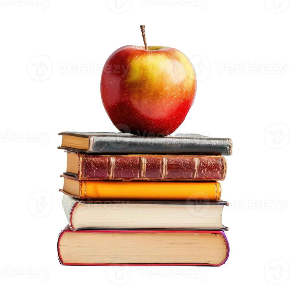 Apple on stack of books with transparent background photo