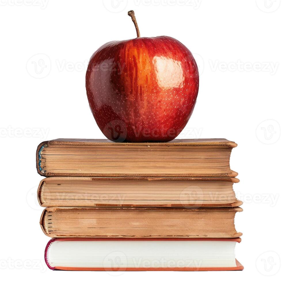 Apple on stack of vintage books with transparent background photo