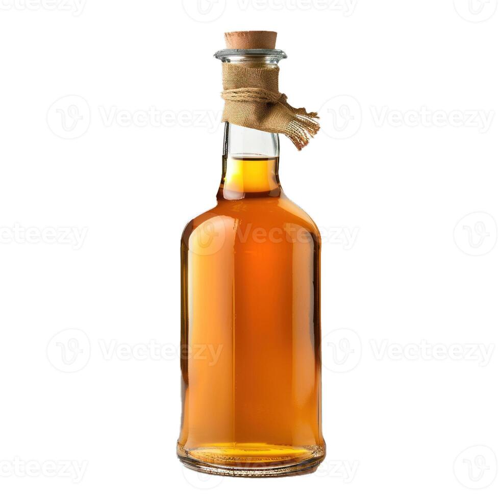 Full bottle of liquor with cork and fabric on white background photo