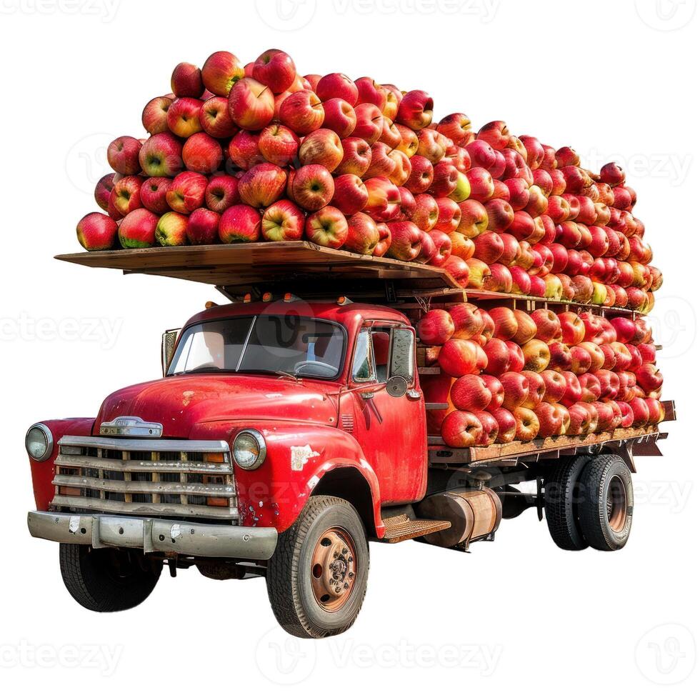 Vintage truck loaded with fresh apples isolated on transparent photo