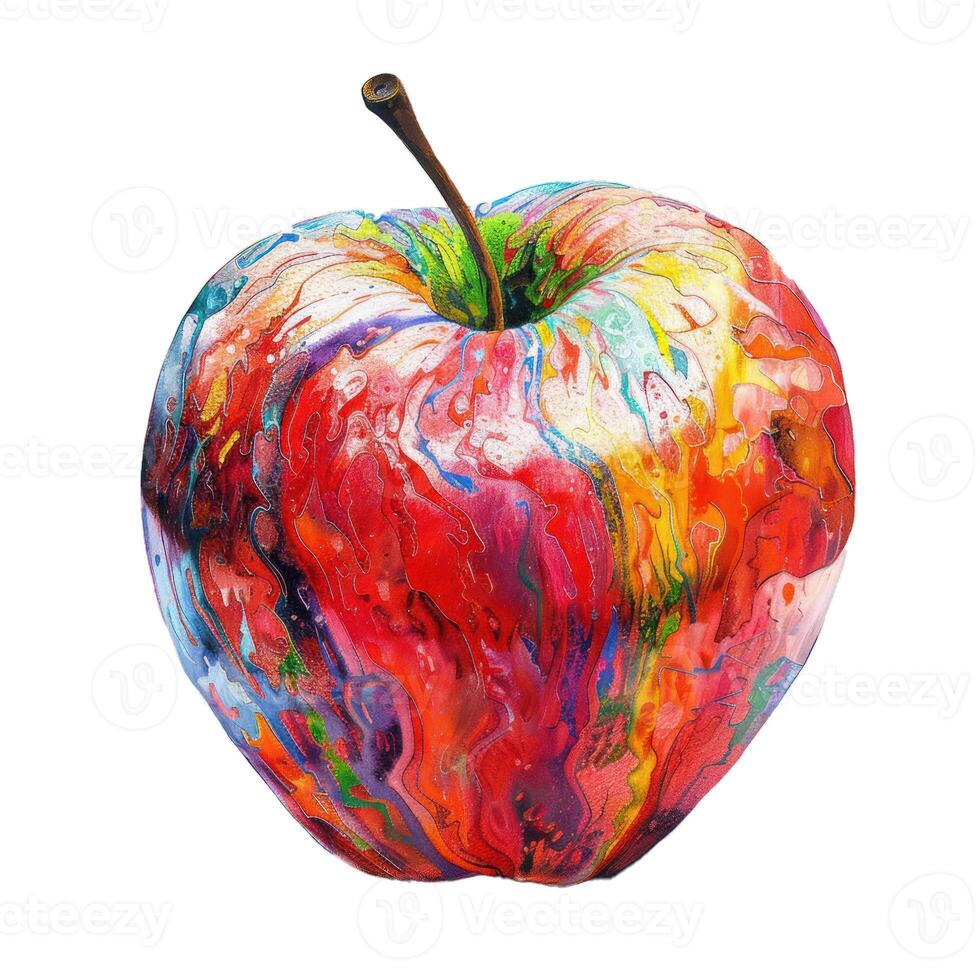 Red apple showing colorful artistic pattern on white background photo