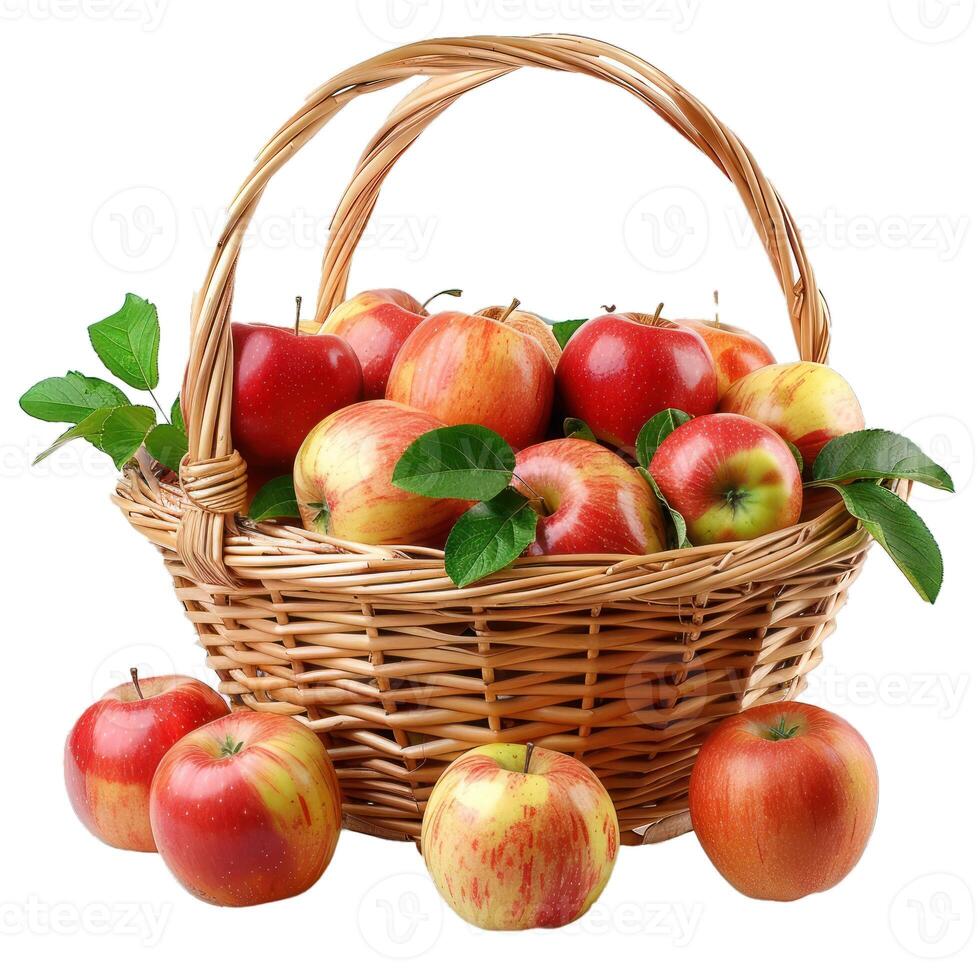 Fresh apples in wicker basket on transparent background photo