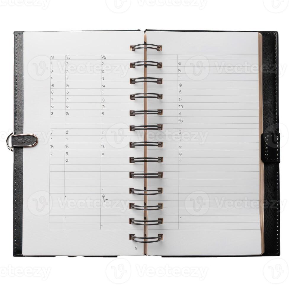 Open spiral notebook on transparent background photo