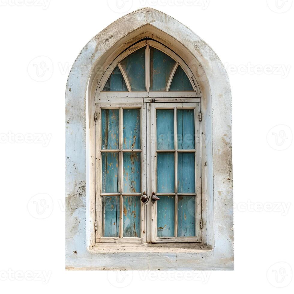 Old wooden window with arch showing blue paint peeling photo