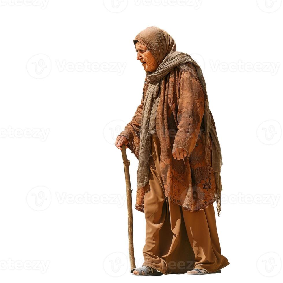 Elderly woman with cane on transparent background photo