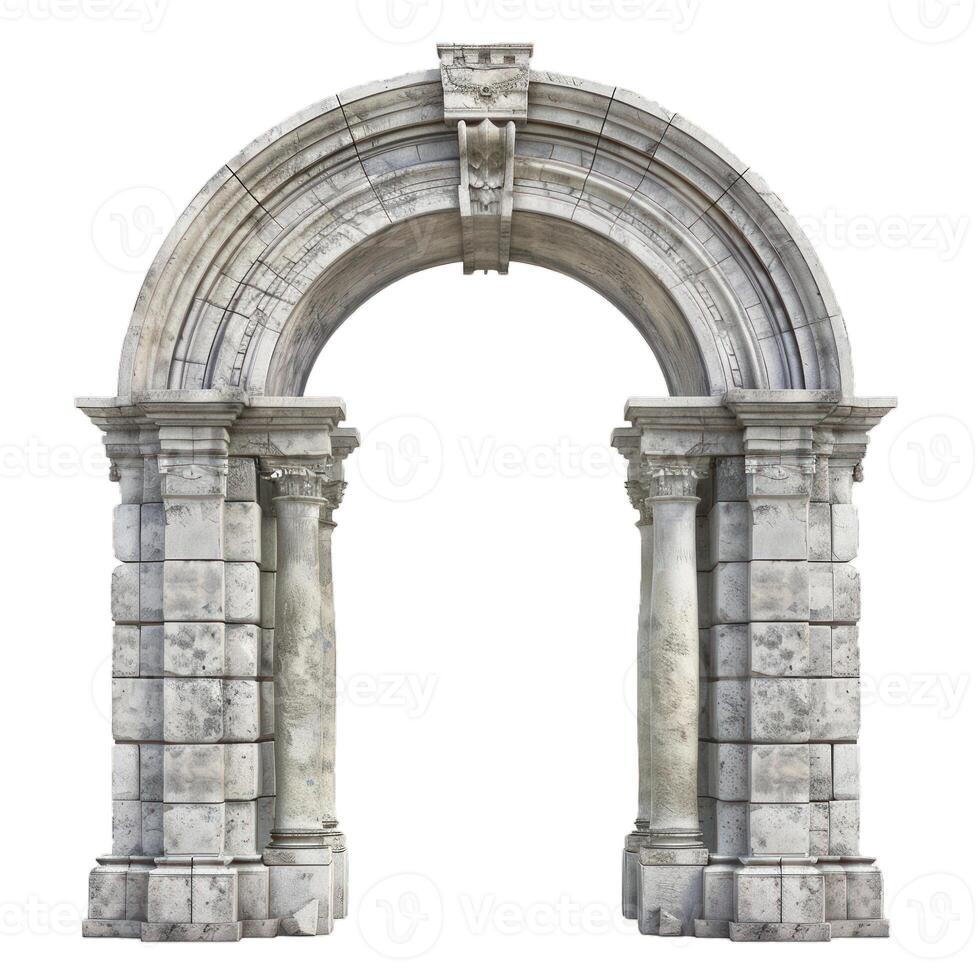 Antique white stone archway with ionic order columns on white background photo