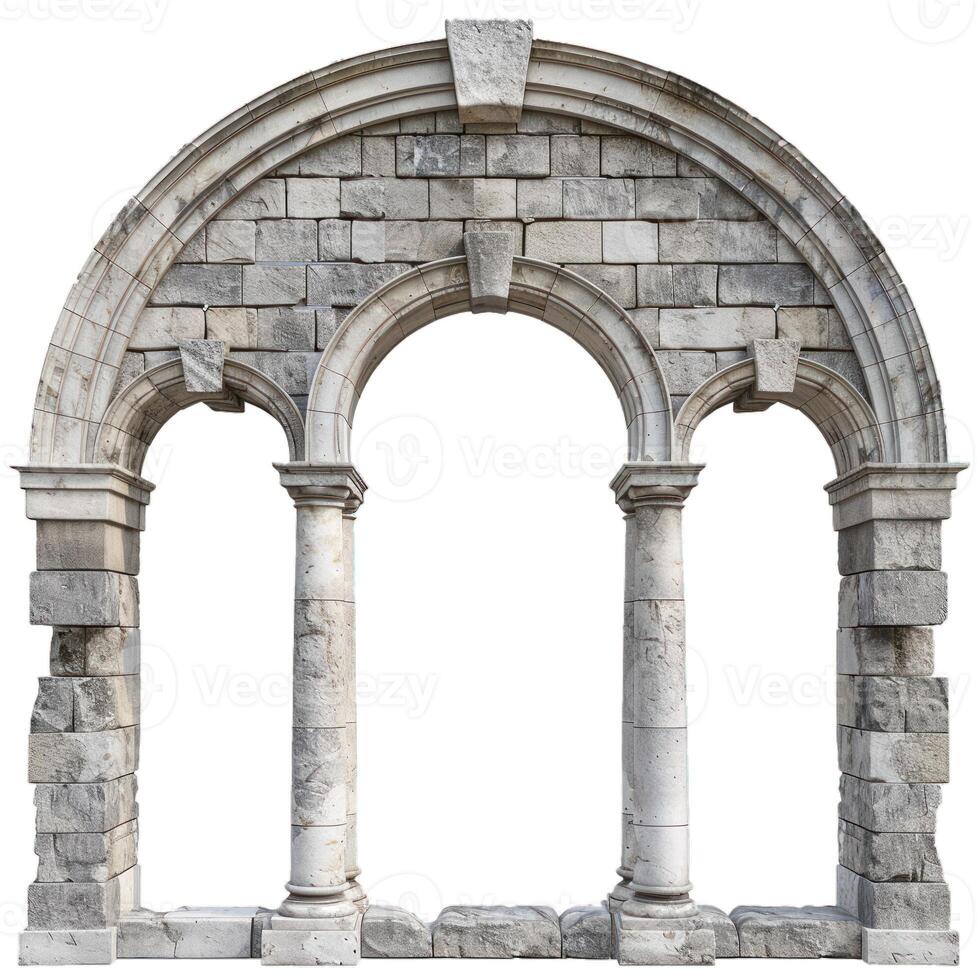 Antique romanesque stone archway with columns isolated on white photo