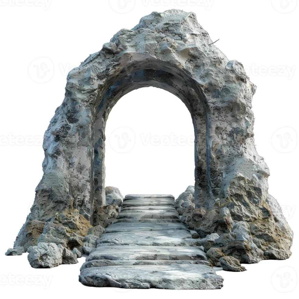 Stone archway leading to stone path with rocks on each side photo