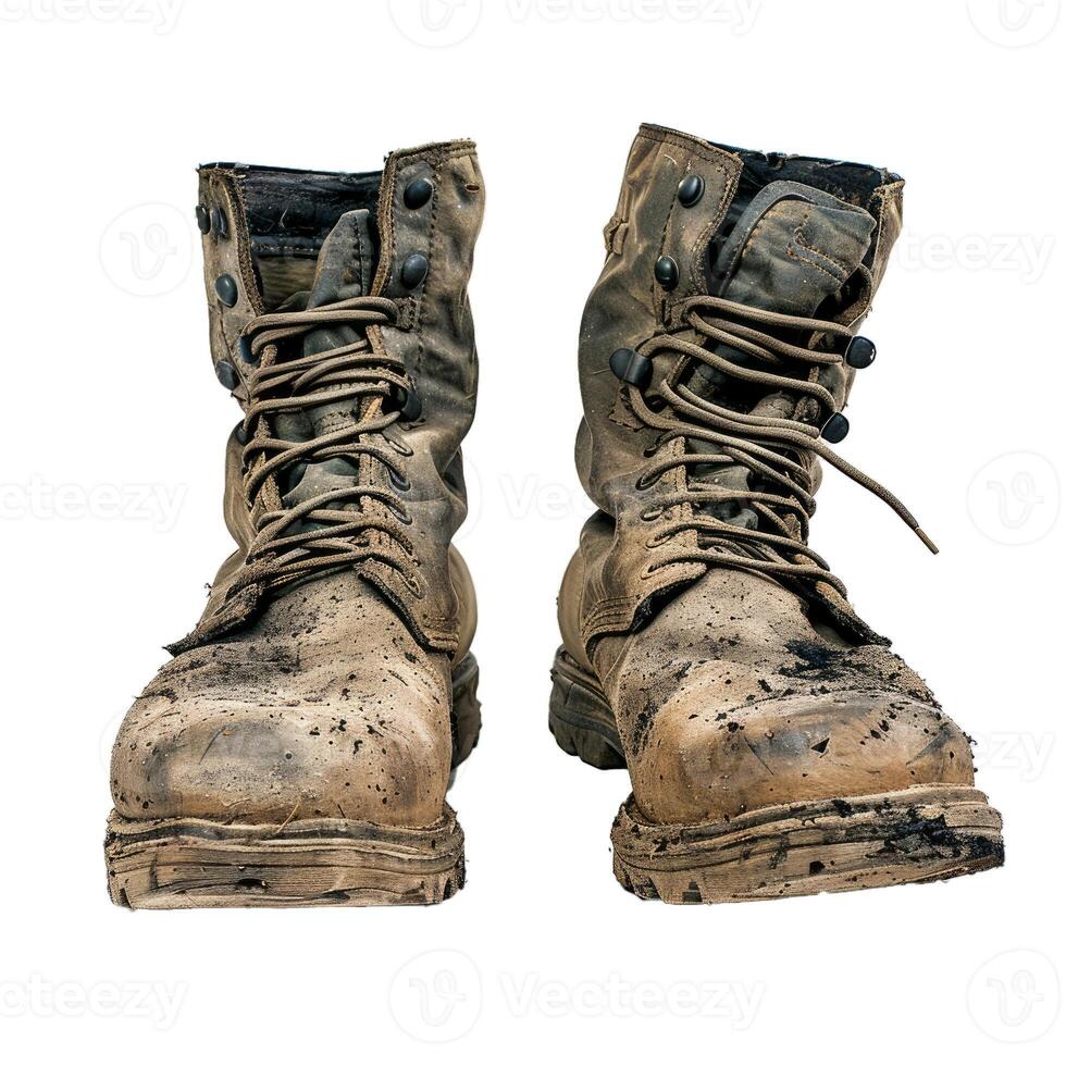 Muddy hiking boots isolated on transparent background photo