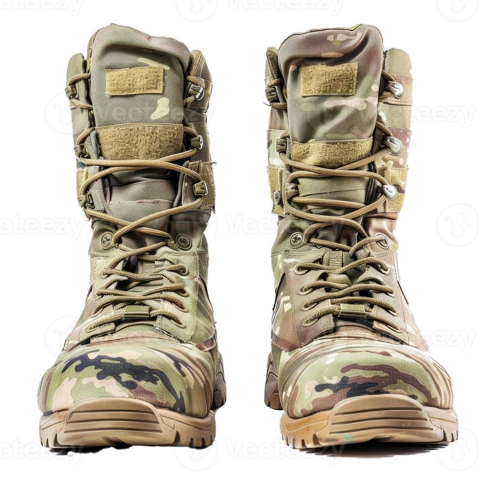 Camouflage military boots on transparent background photo