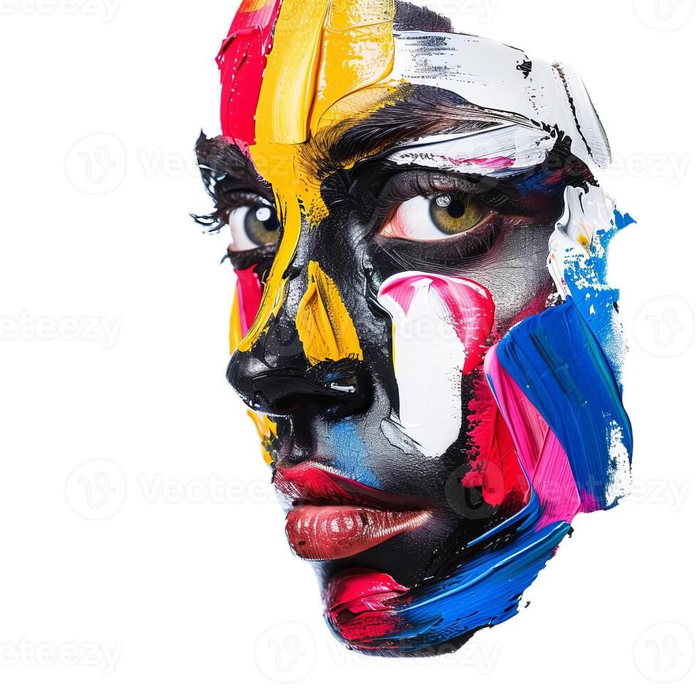 Fashion model posing with thick colorful makeup strokes on her face photo