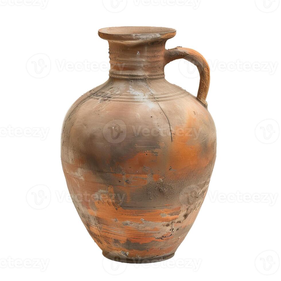 Antique clay pottery jar isolated on grey photo