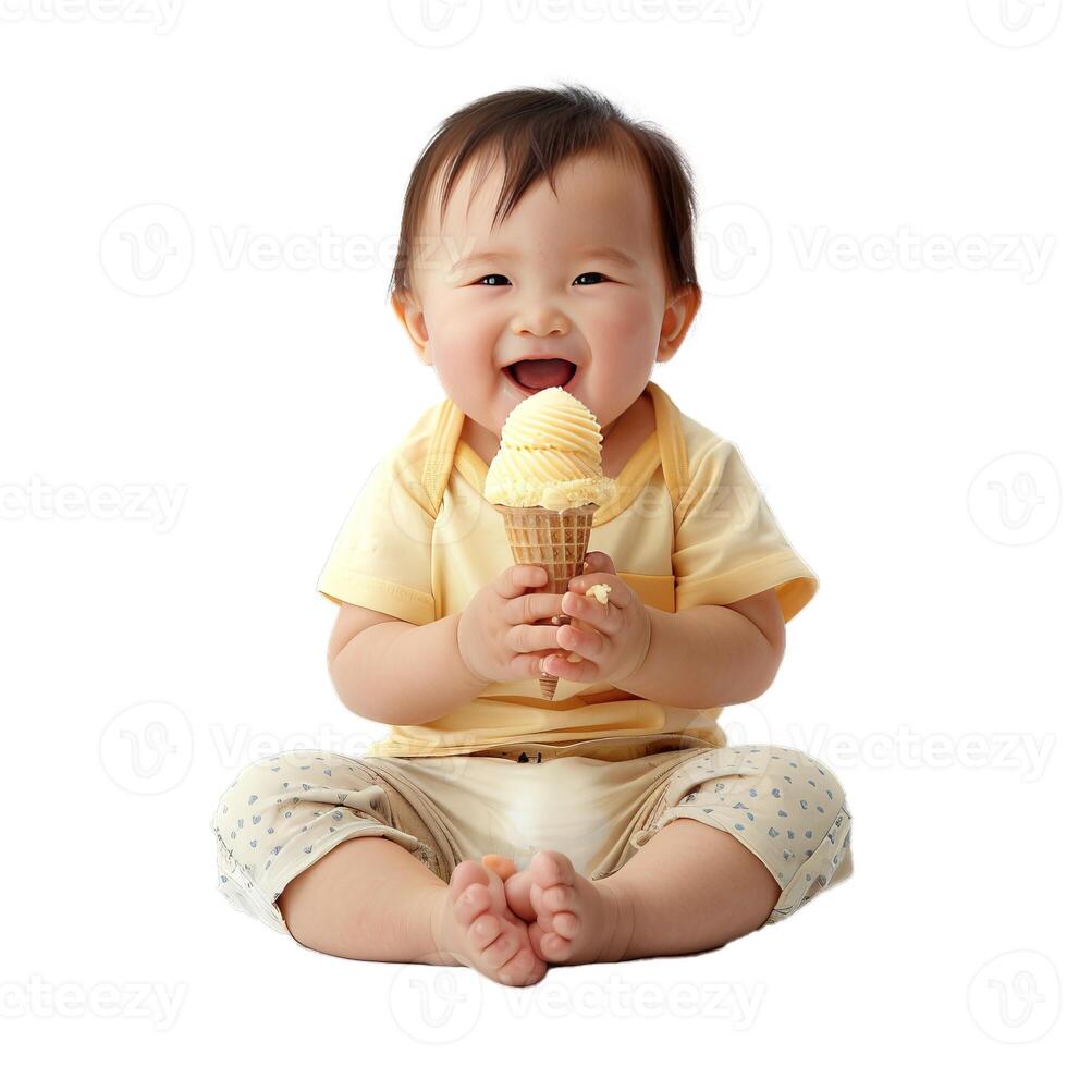 Happy baby enjoying ice cream cone photo